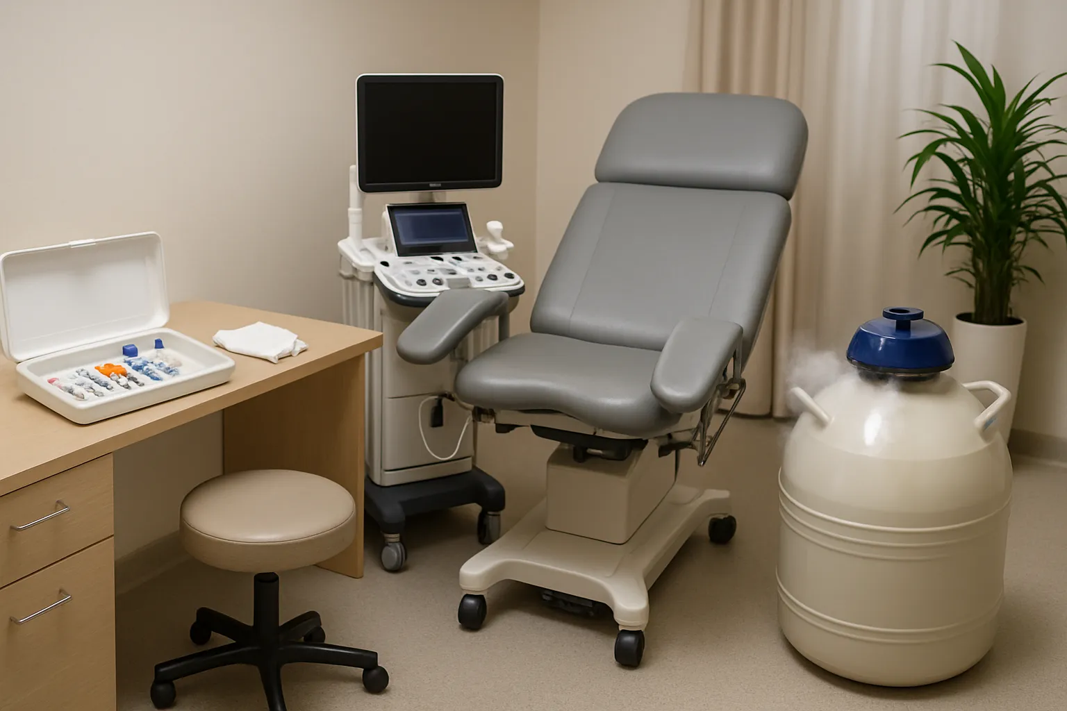 Sala de procedimento em clínica de fertilidade mostrando equipamentos para estimulação ovariana, monitoramento e criopreservação de óvulos