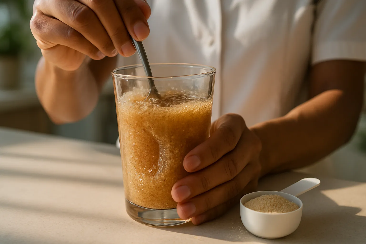 Mãos preparando psyllium em água mostrando a formação do gel viscoso que retarda absorção de glicose