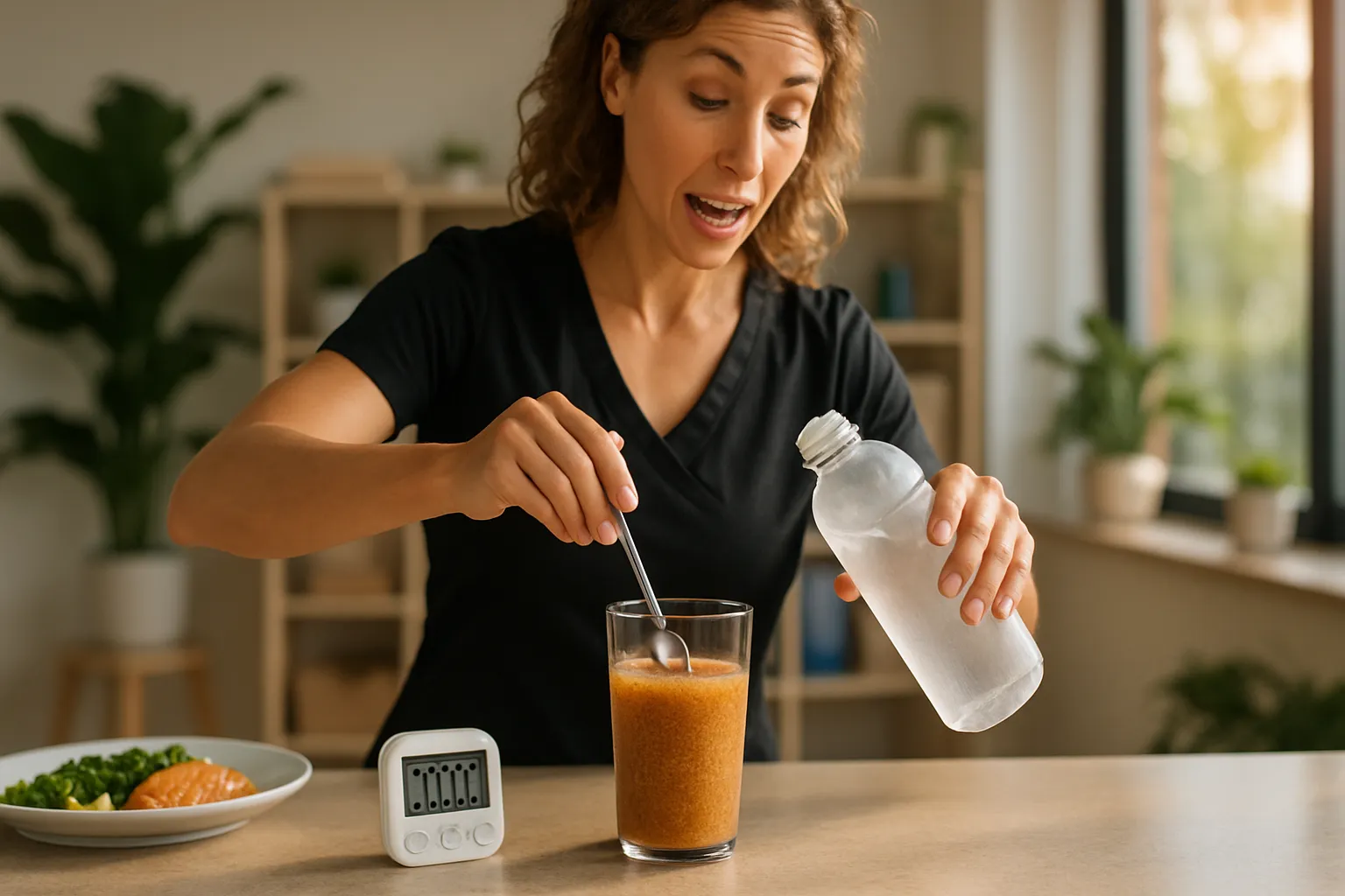 Especialista demonstrando o timing correto e hidratação adequada para consumo estratégico de psyllium antes das refeições