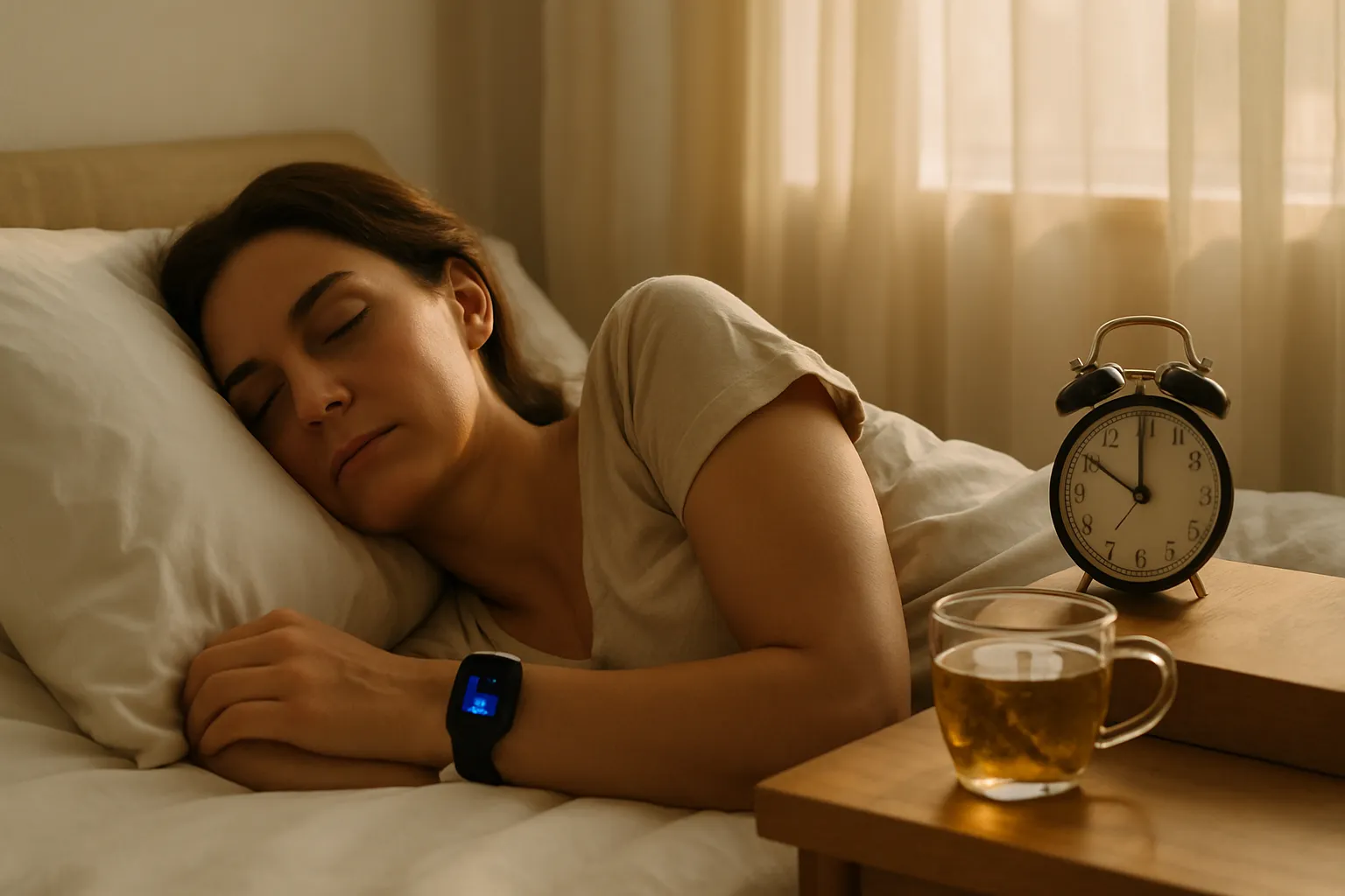 Pessoa dormindo profundamente com dispositivo de monitoramento do sono mostrando ciclos de sono restaurador após jantar no horário adequado