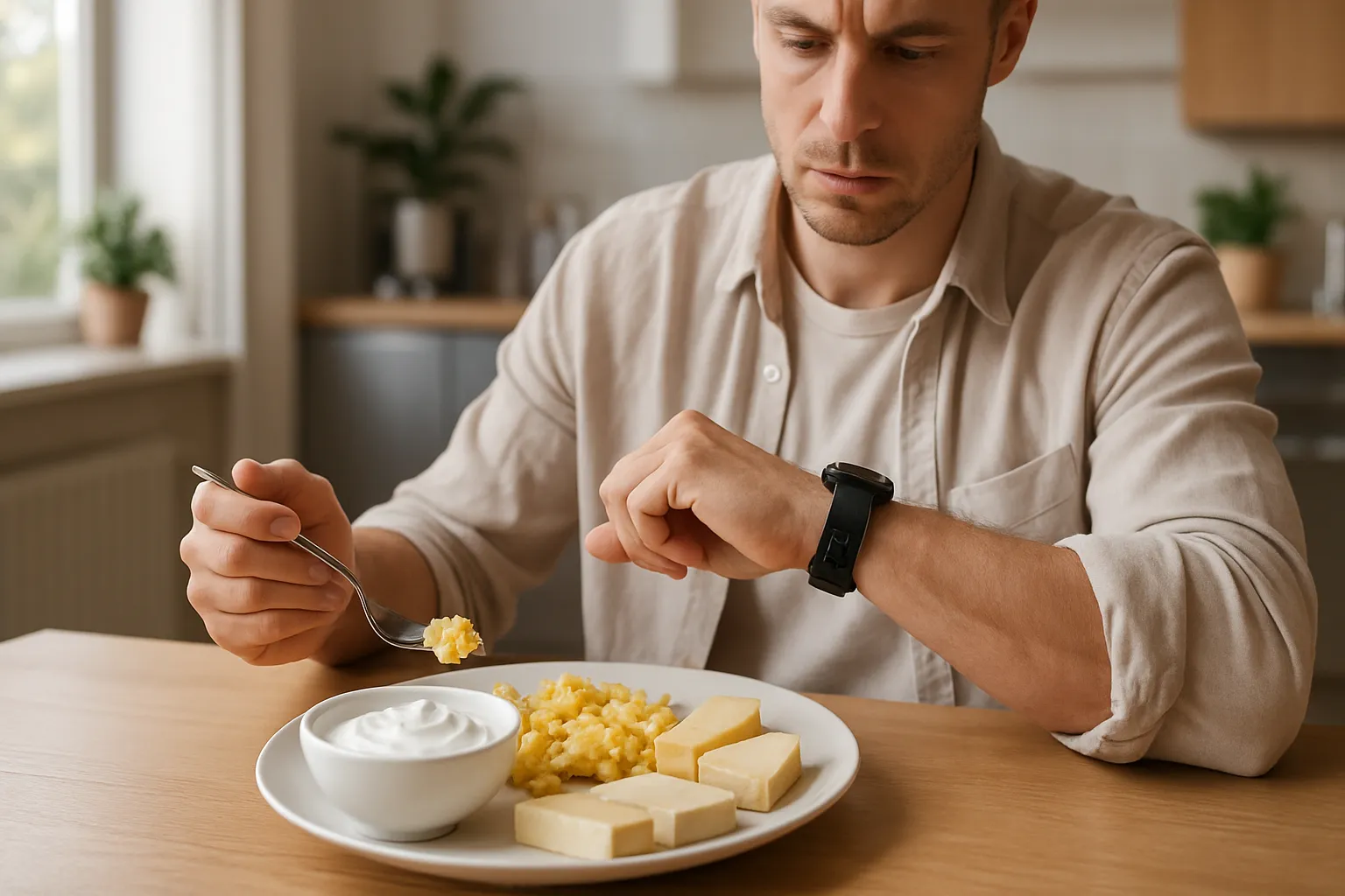 Café da manhã rico em proteínas com ovos, iogurte grego e queijo sendo consumido em horário estratégico para sincronização metabólica durante jet lag