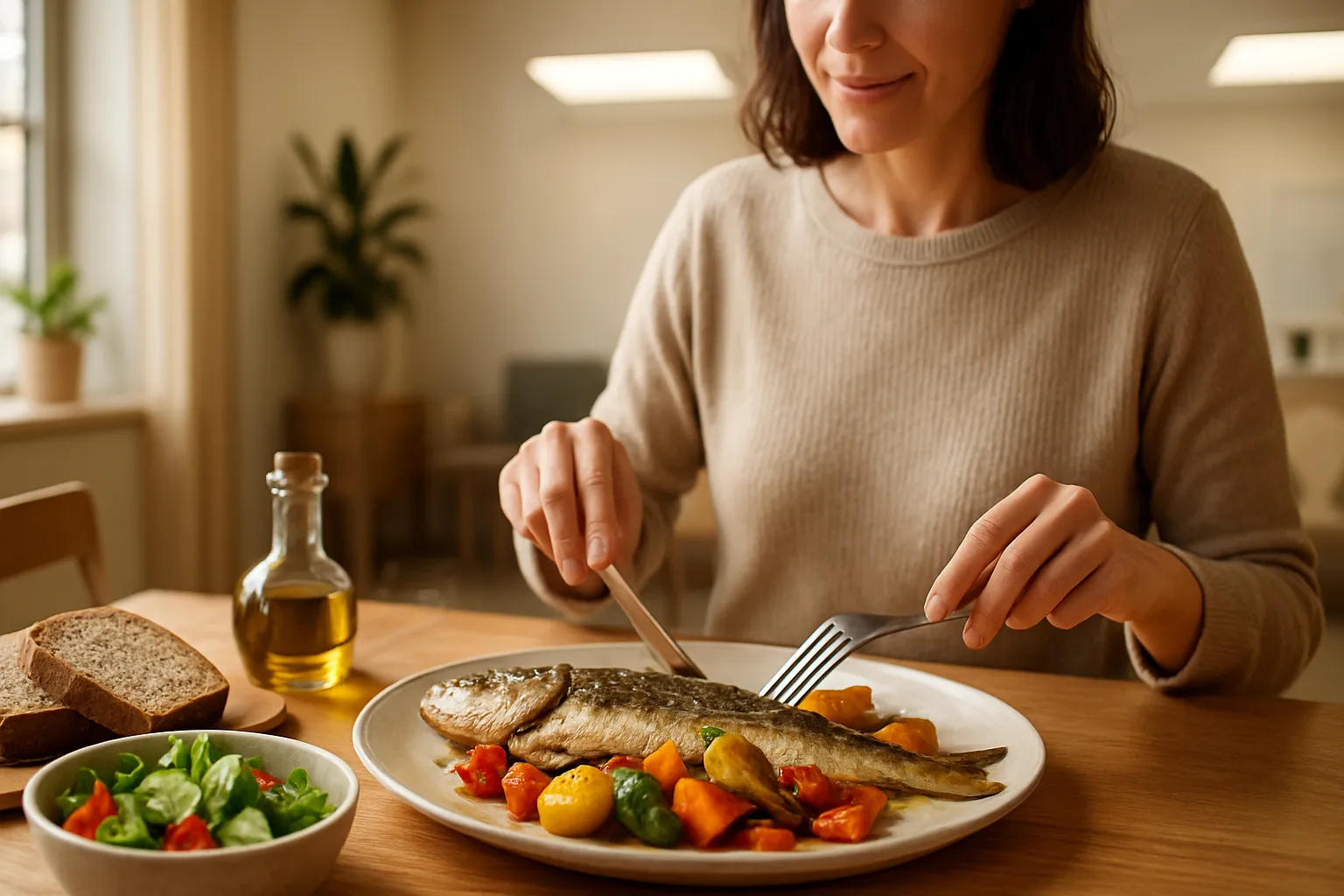 Refeição mediterrânea saudável sendo apreciada com calma em mesa de jantar com peixe grelhado, vegetais assados e salada fresca