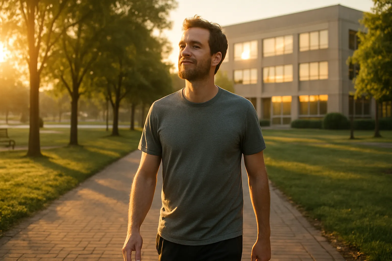 Homem realizando caminhada matinal durante o nascer do sol entre 6h e 9h, com luz solar natural atingindo pele exposta, demonstrando o protocolo prático de exposição solar para otimização de testosterona e vitamina D