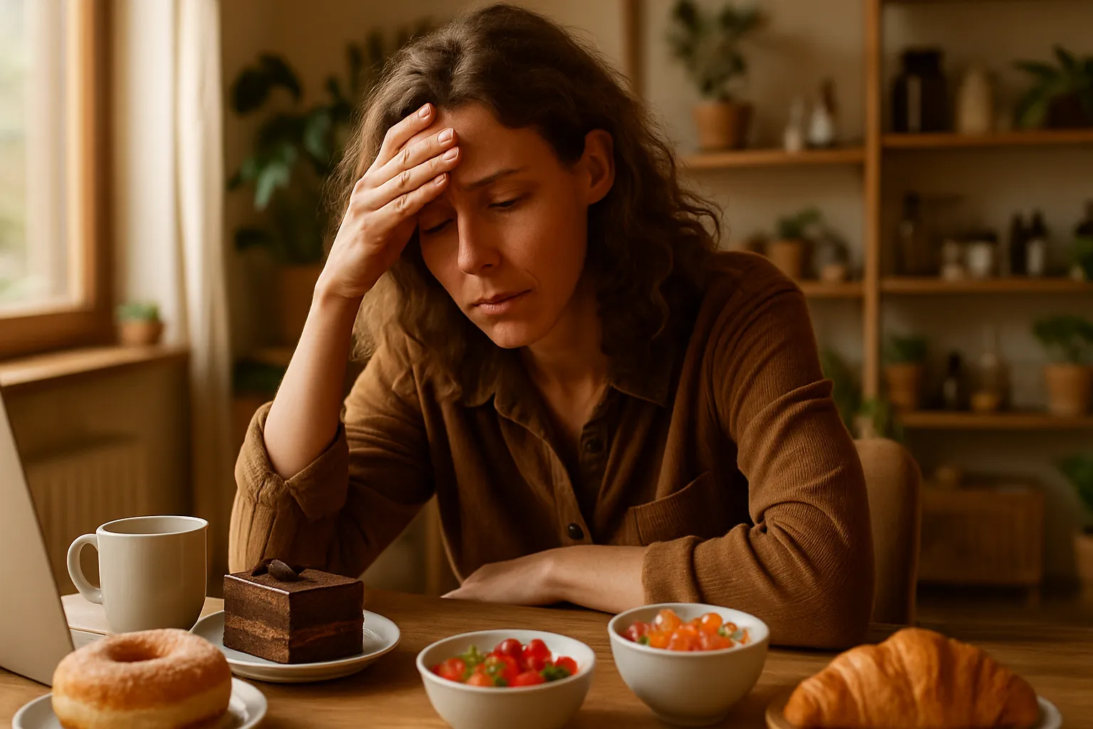 Sintomas de Candidíase Intestinal Mulher apresentando sintomas de névoa mental e fadiga causados por candidíase intestinal e desequilíbrio da microbiota