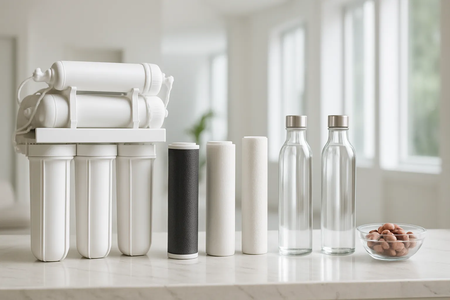 Sistema completo de filtração de água com osmose reversa, filtros de carvão ativado e componentes de remineralização em ambiente clínico moderno