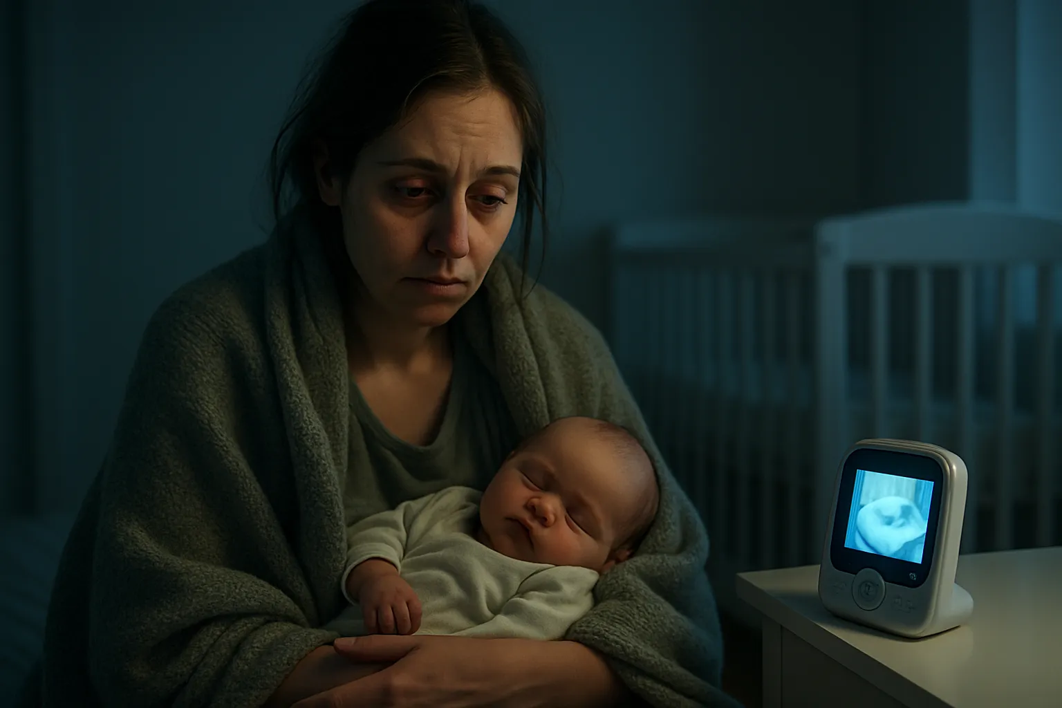 Mãe exausta acordada de madrugada no quarto do bebê mostrando os efeitos da privação crônica de sono pós-parto