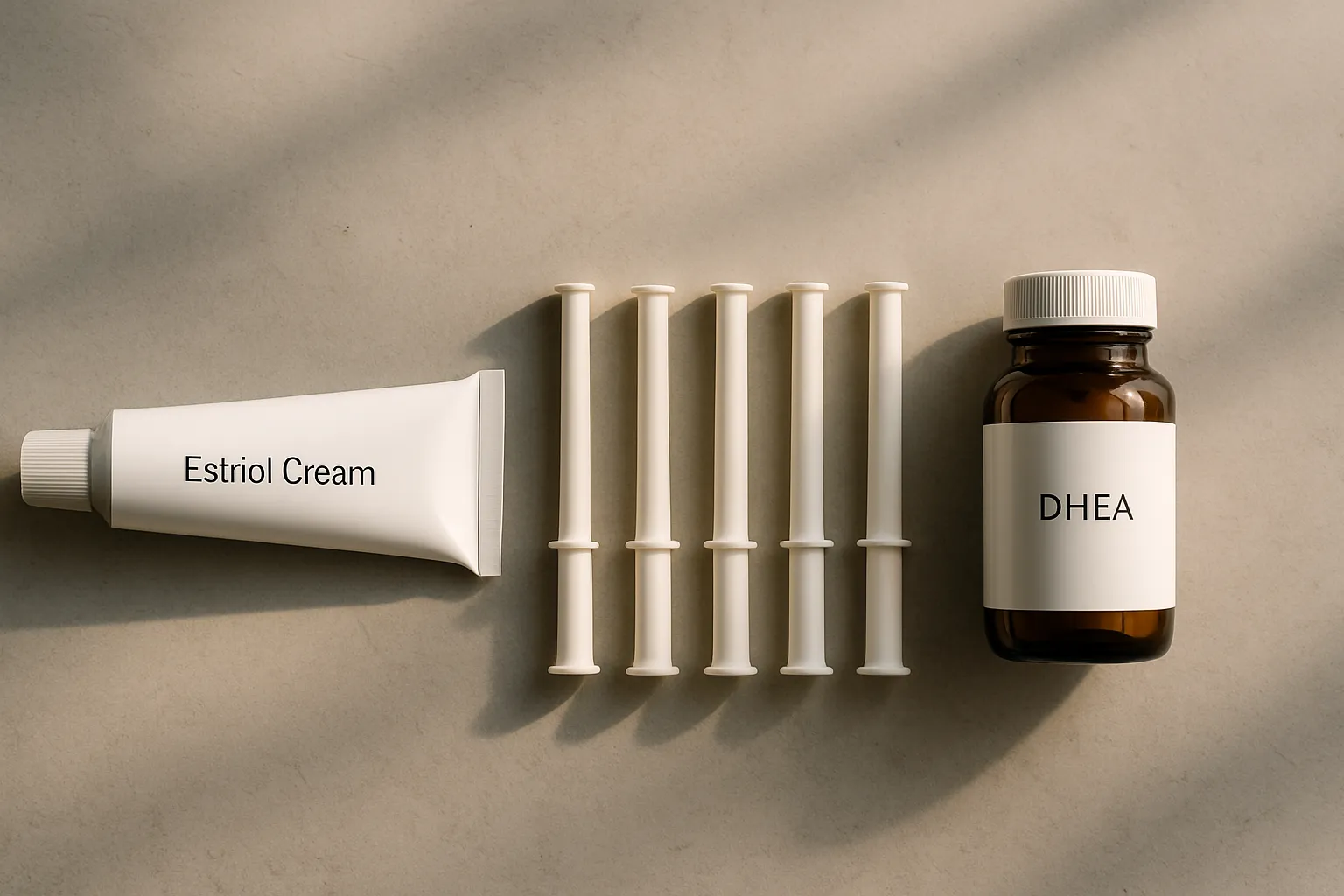 Produtos de terapia hormonal local para tratamento de GSM incluindo estriol e DHEA vaginal