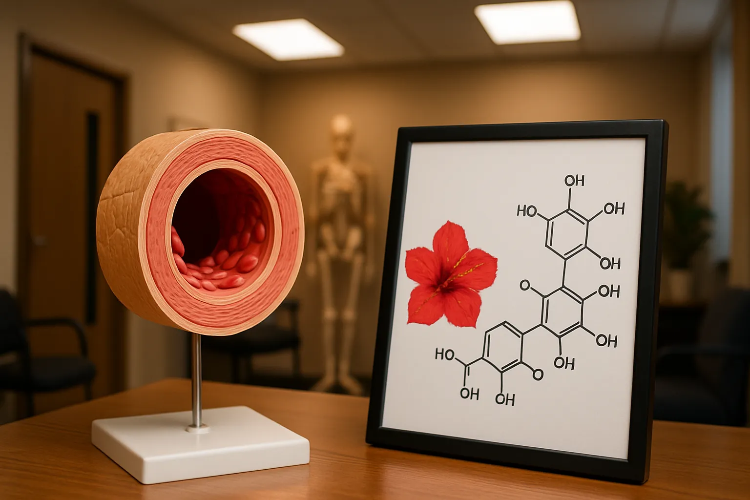 Modelo anatômico educacional mostrando corte transversal de artéria com músculo liso relaxado, demonstrando o mecanismo de vasodilatação promovido pelo hibisco