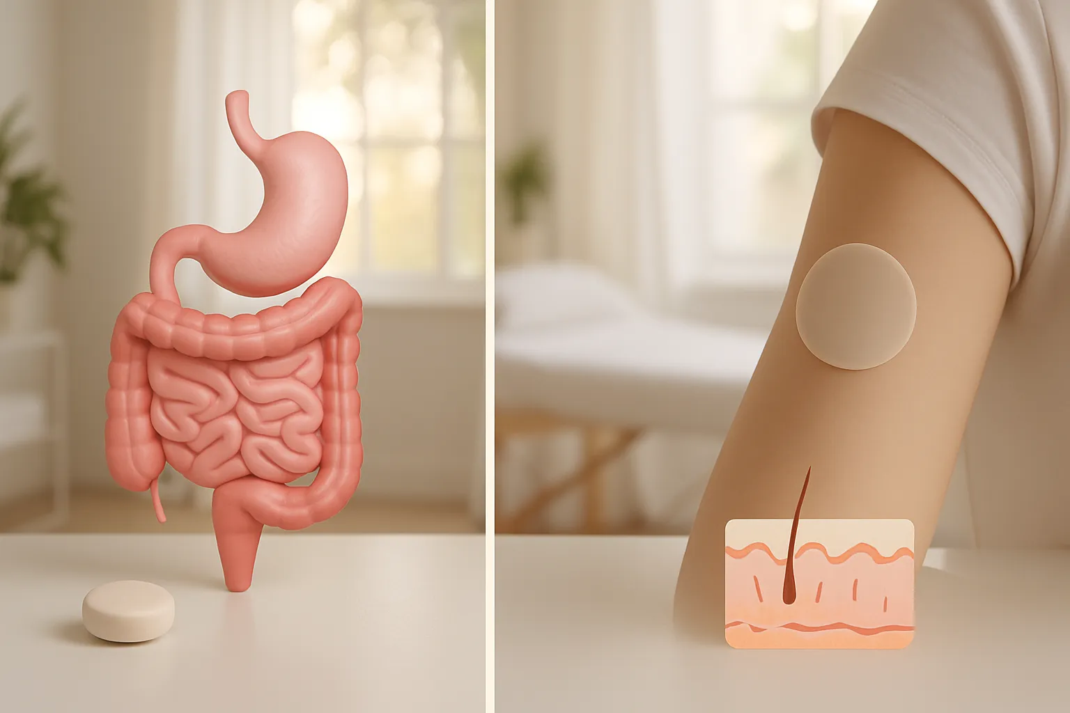 Comparação visual entre pílula hormonal oral e adesivo transdérmico, demonstrando diferentes vias de administração da terapia hormonal