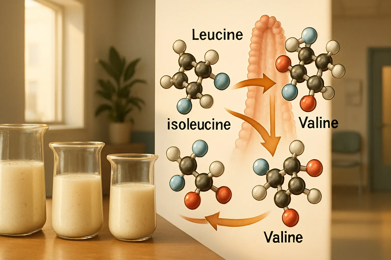Visualização científica dos aminoácidos do whey protein e processo de absorção molecular