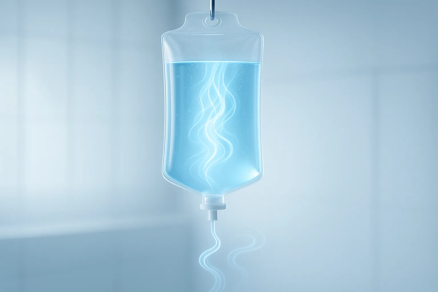 Imagem conceitual de soroterapia com bolsa de soro e fluxo abstrato de nutrientes em fundo clínico.