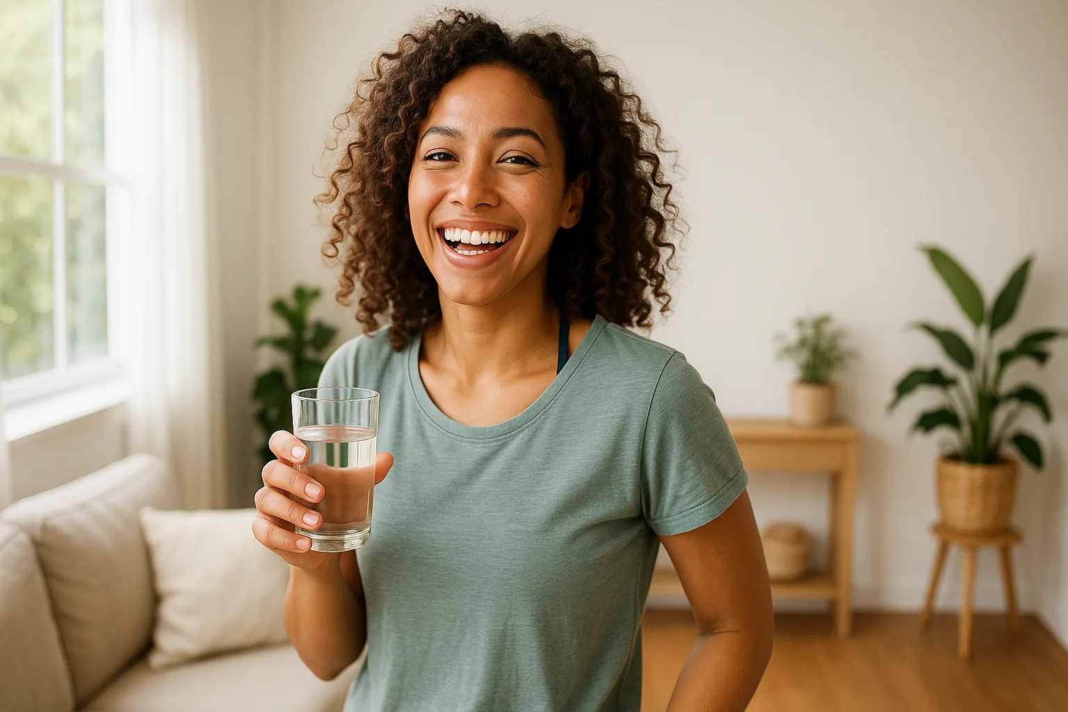 Mulher energética e sorridente em casa iluminada, representando bem-estar pós-soroterapia.