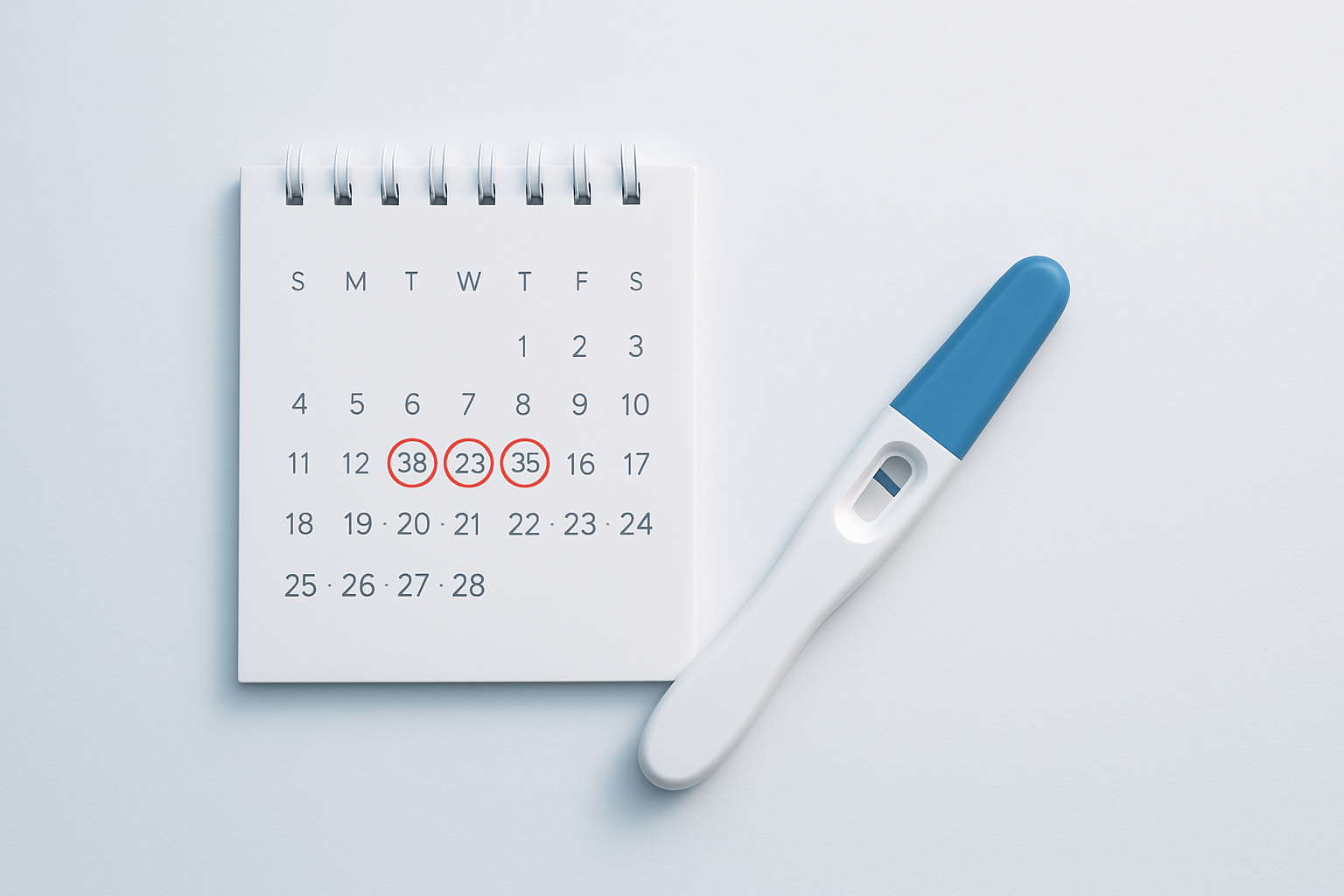 Ilustração minimalista de calendário com datas destacadas e teste de gravidez ao lado