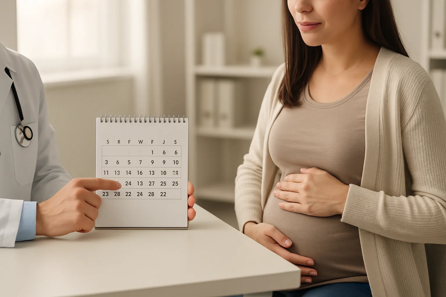 Médico mostrando calendário para gestante durante consulta em ambiente clínico