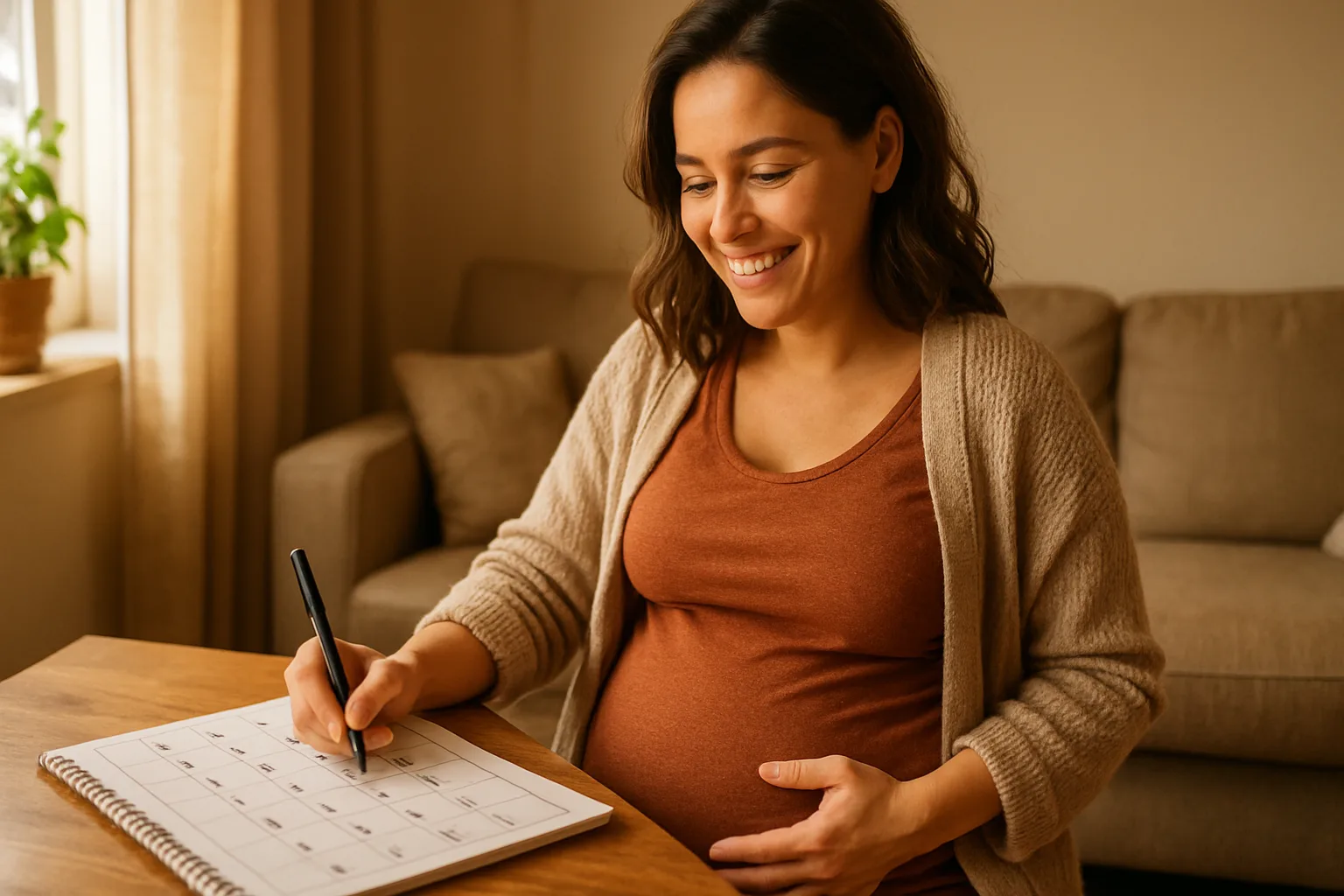 Mulher grávida sorridente marcando calendário em ambiente aconchegante