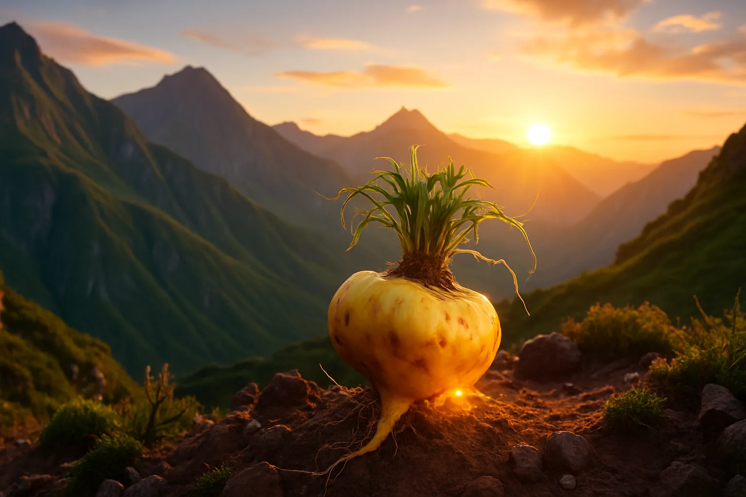 Ilustração de raiz de maca peruana brilhando sobre montanhas andinas ao nascer do sol.