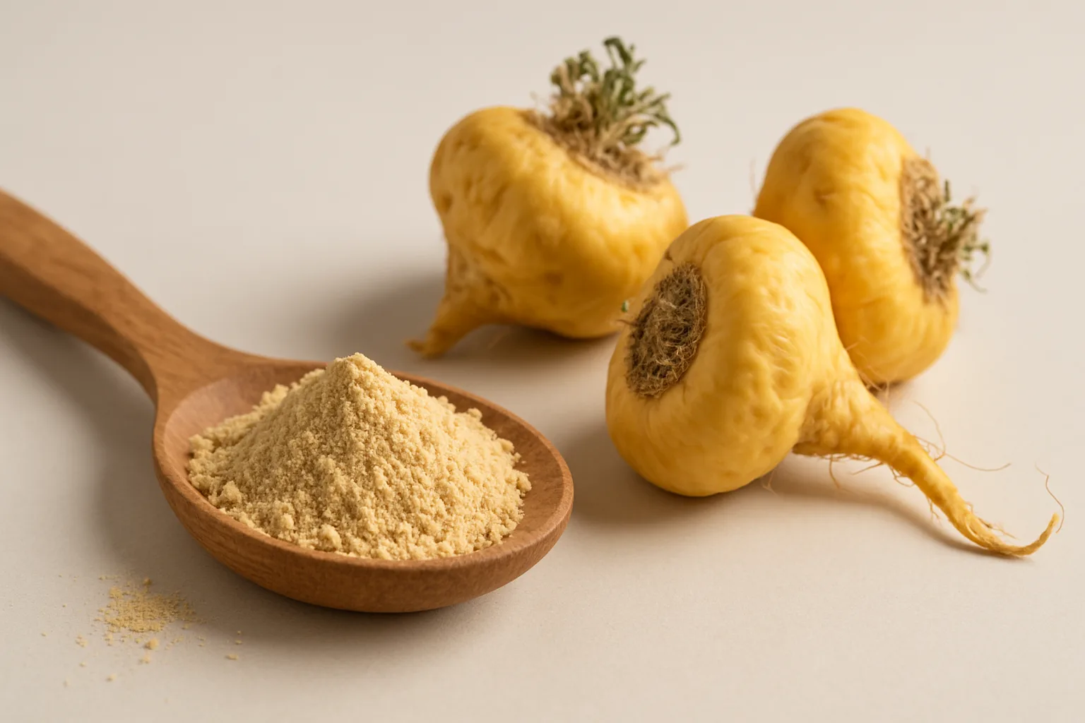 Foto profissional de pó de maca em colher de madeira ao lado de raízes frescas.