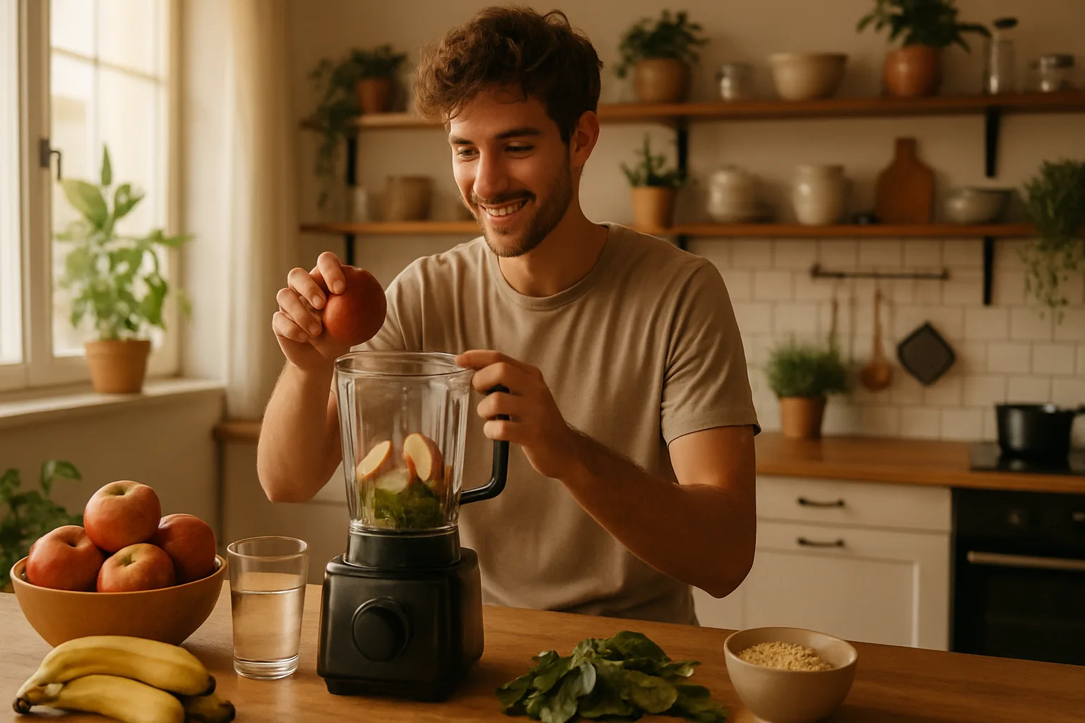Pessoa jovem misturando smoothie de maca peruana em cozinha ensolarada e saudável.