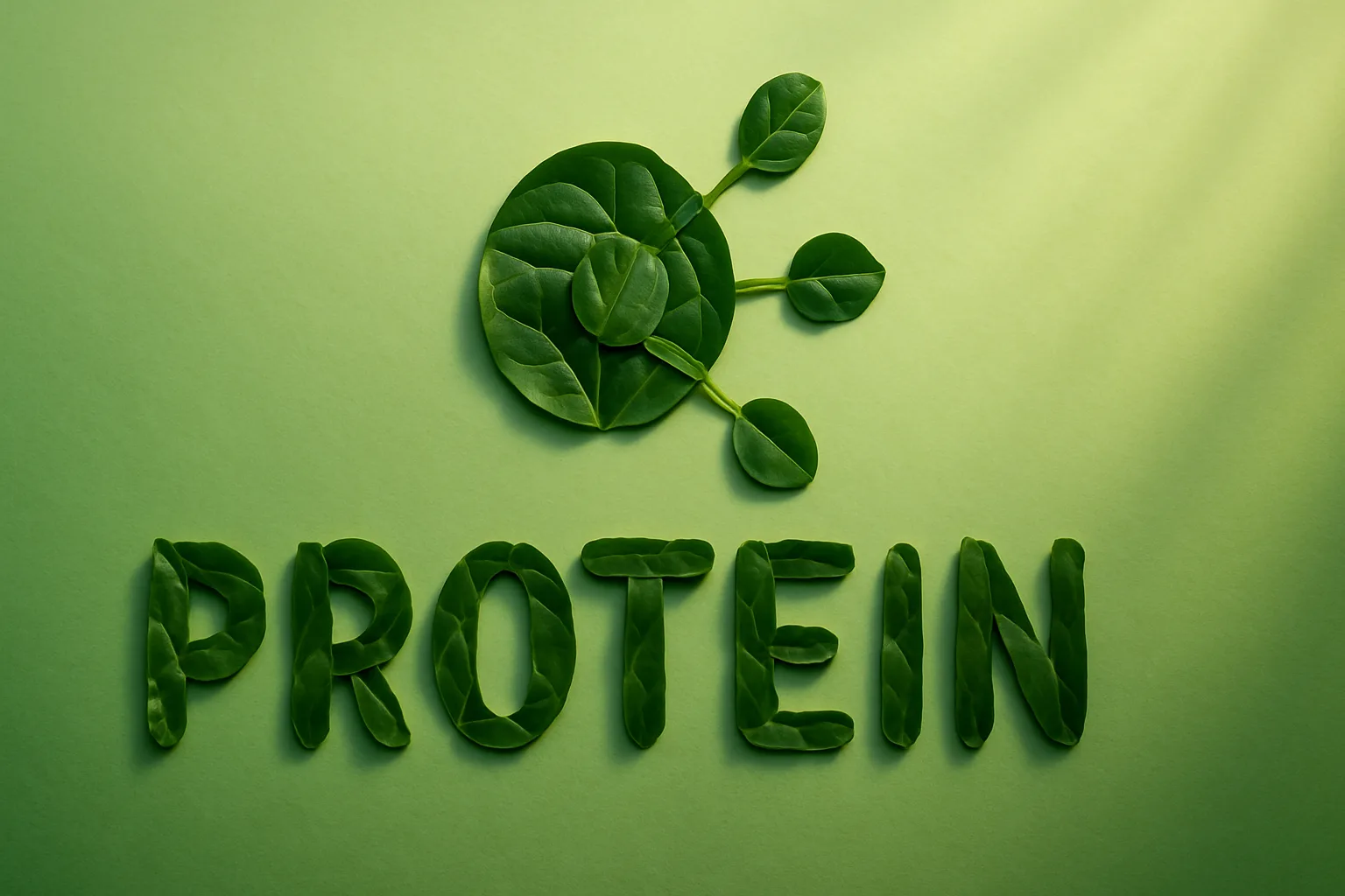 Folhas de ora-pro-nóbis formando ícone de proteína em fundo verde vibrante