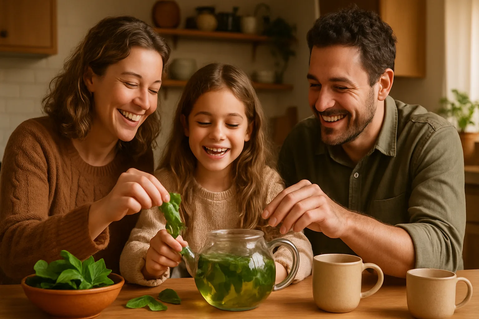 Família sorridente preparando chá de ora-pro-nóbis em cozinha aconchegante