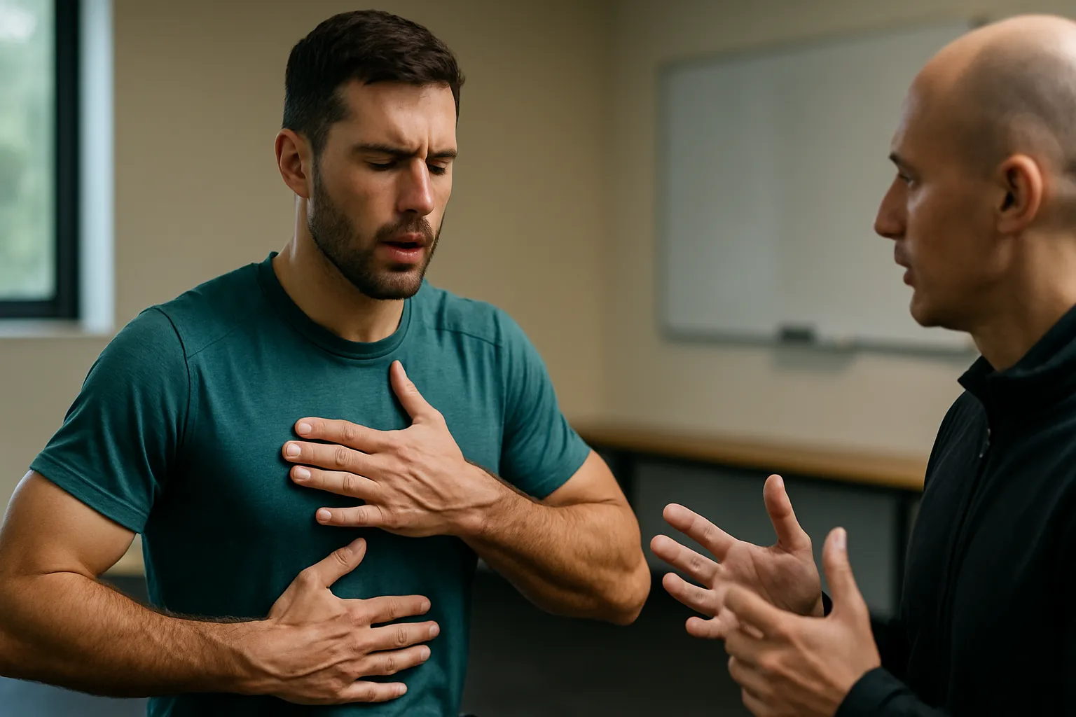 Atleta concentrado praticando exercícios de respiração funcional com orientação profissional para melhorar performance esportiva