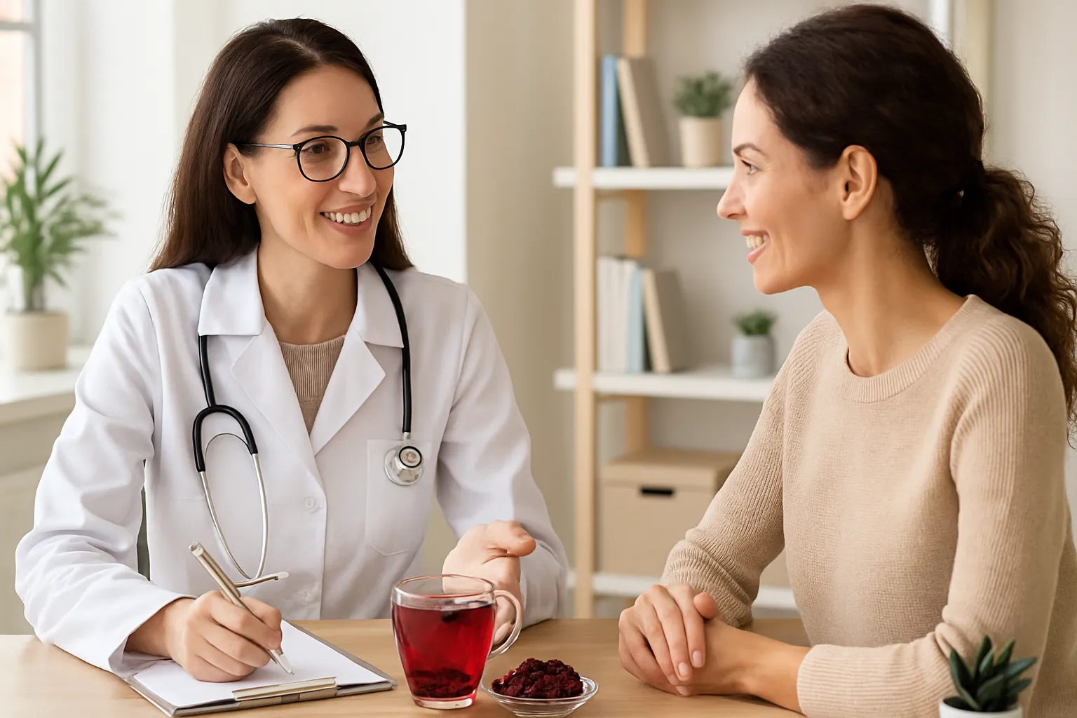 Nutricionista orientando paciente sobre os benefícios do chá de hibisco em consulta profissional