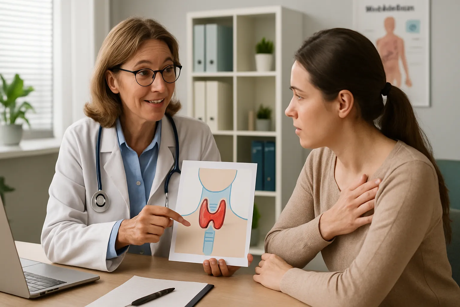 Médico endocrinologista explicando funcionamento da tireoide para paciente durante consulta especializada