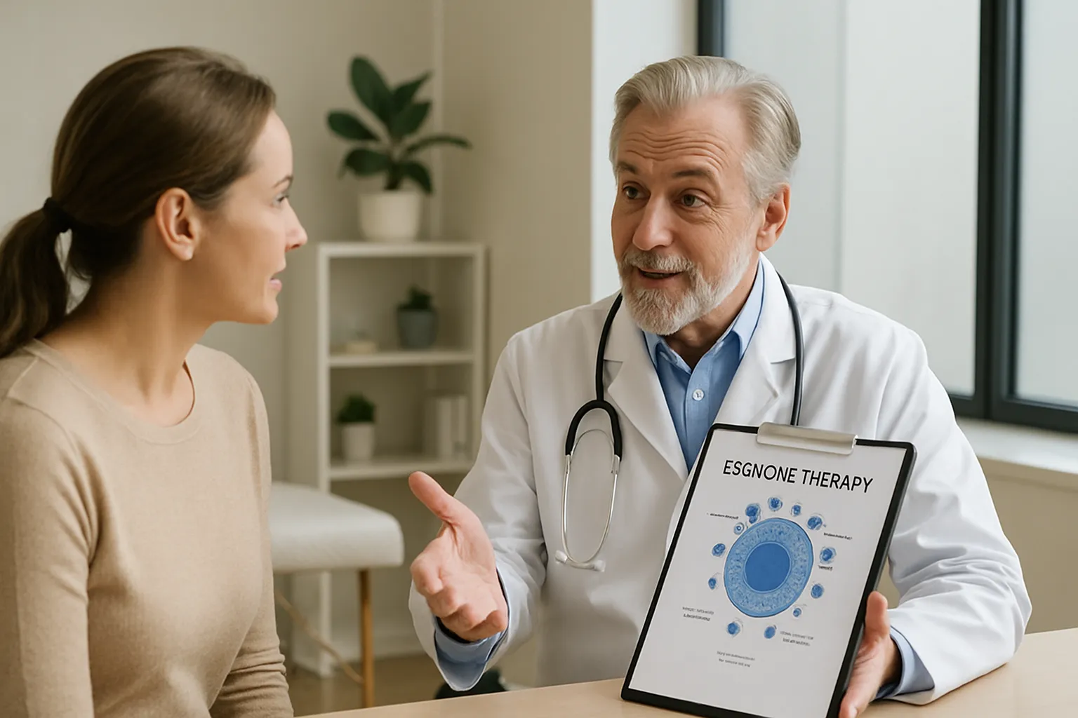Médico especialista em medicina regenerativa explicando terapia com exossomos para paciente em consulta personalizada