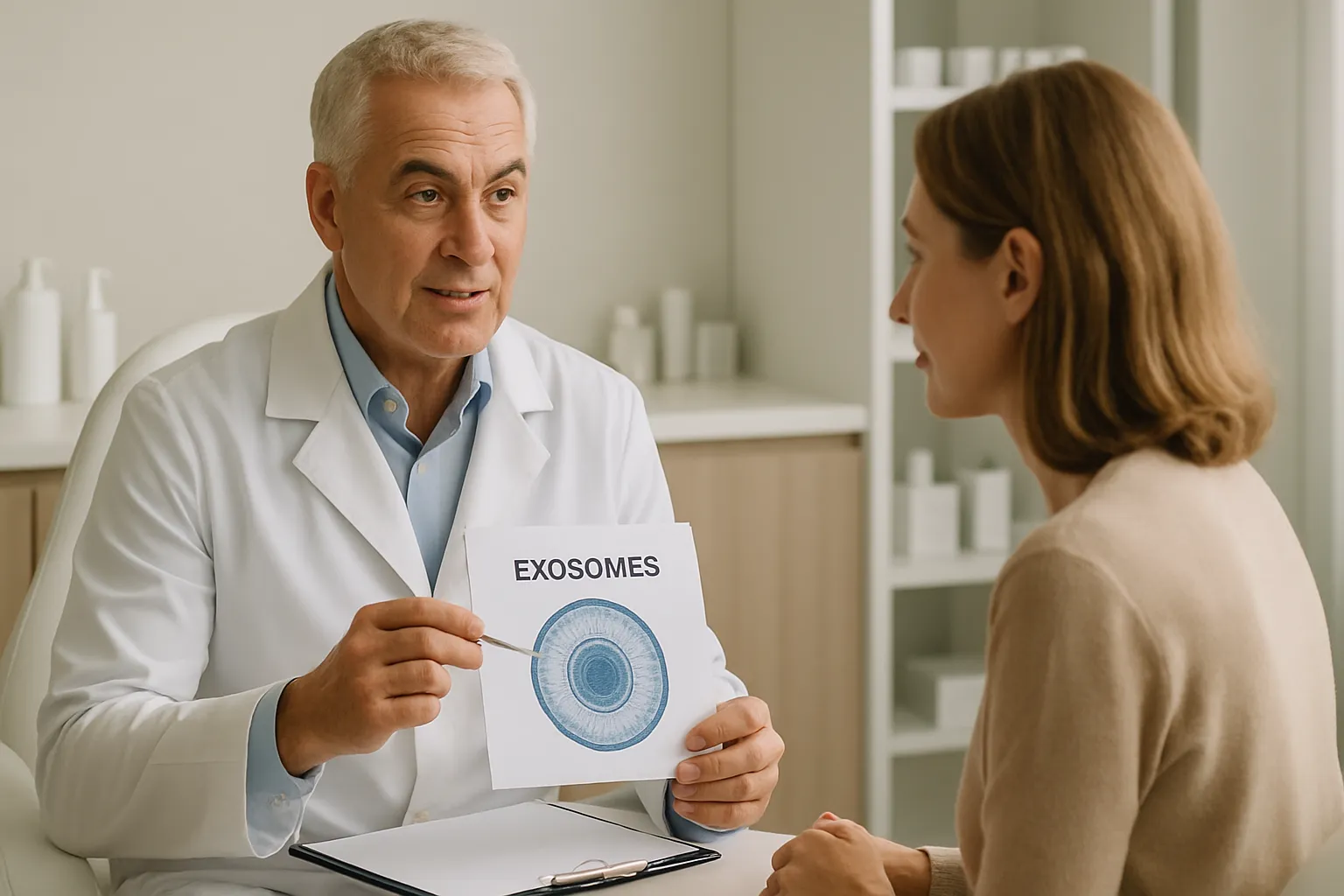 Médico especialista explicando tratamento com exossomos para paciente em consulta personalizada