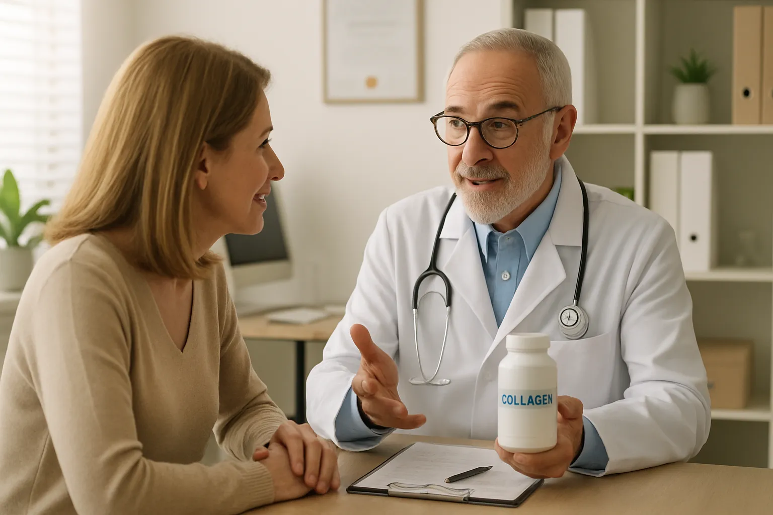 Médico especialista orientando paciente sobre suplementação de colágeno e estratégias anti-idade personalizadas