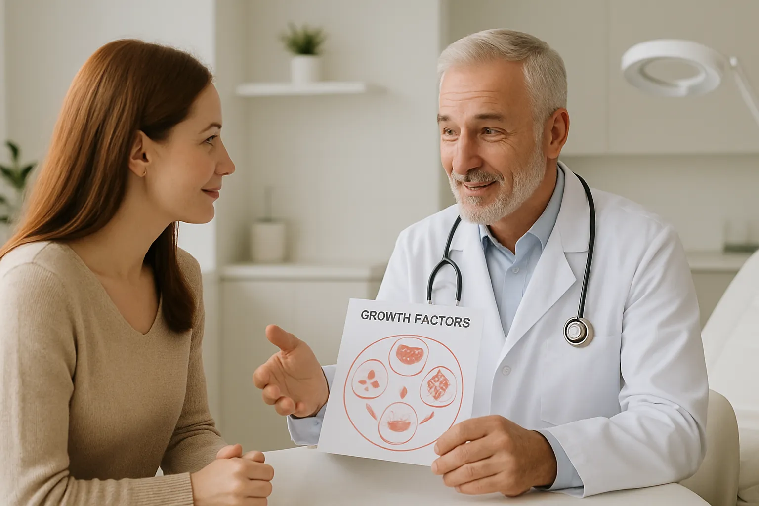 Médico especialista explicando tratamento com fatores de crescimento para paciente em consulta personalizada