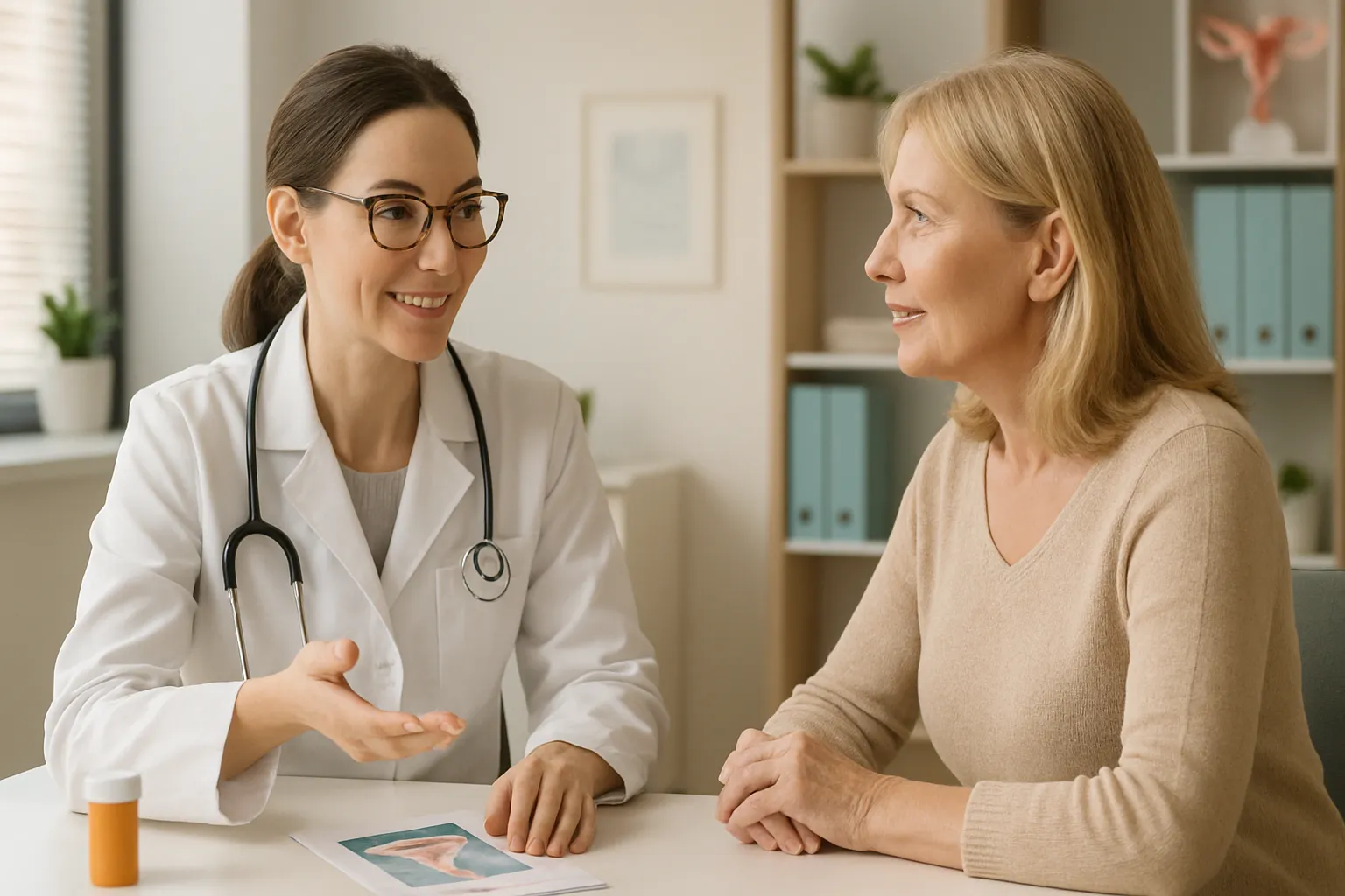 Médica especialista em hormônios conversando com paciente sobre testosterona feminina em consulta médica