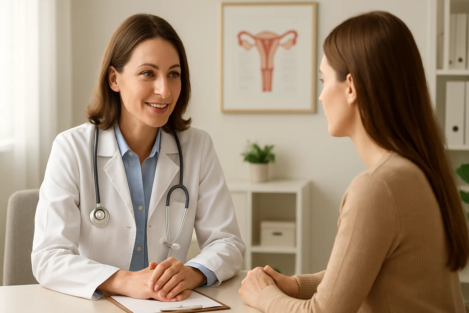 Médica especialista em hormônios femininos conversando com paciente em consulta sobre progesterona baixa e reposição hormonal