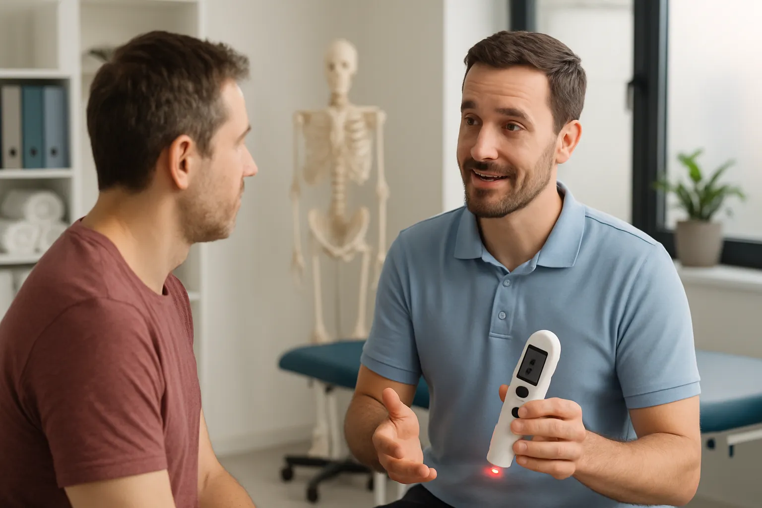 Fisioterapeuta explicando tratamento de laserterapia para paciente em consulta médica