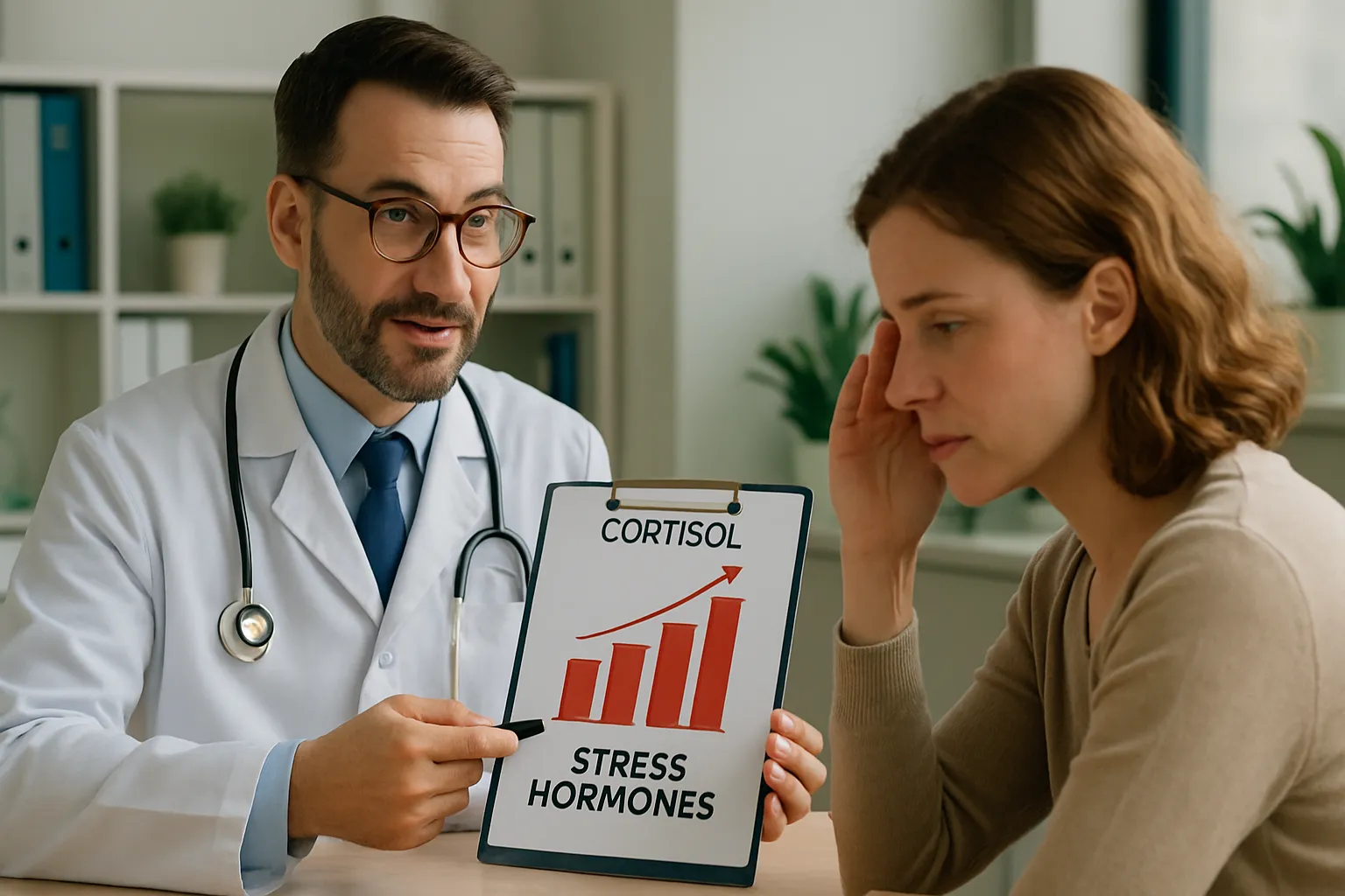 Médico especialista conversando com paciente sobre níveis de cortisol em consulta médica acolhedora