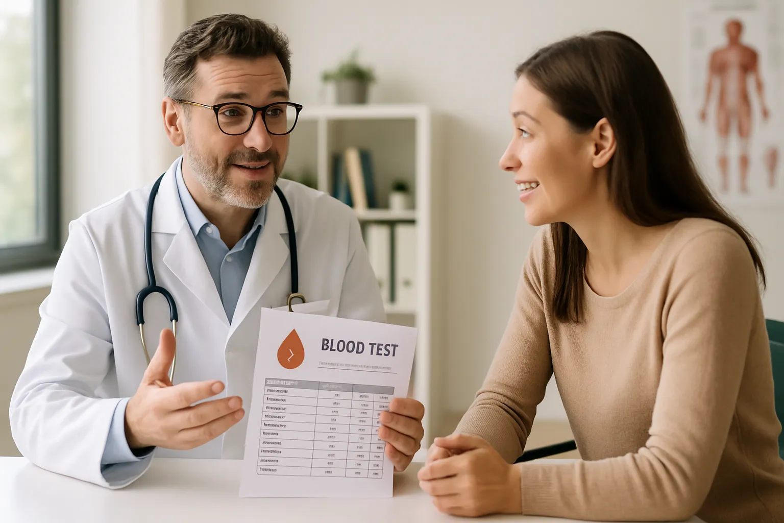 Médico especialista conversando com paciente sobre deficiência de ferro e anemia, explicando resultados de exames em consulta médica acolhedora