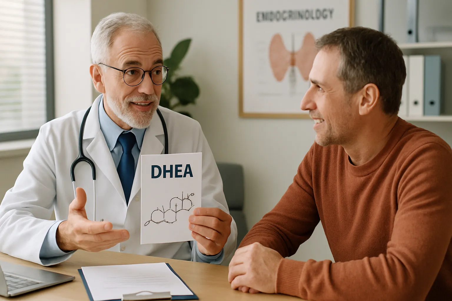 Médico especialista em hormônios conversando com paciente sobre reposição de DHEA em consulta personalizada