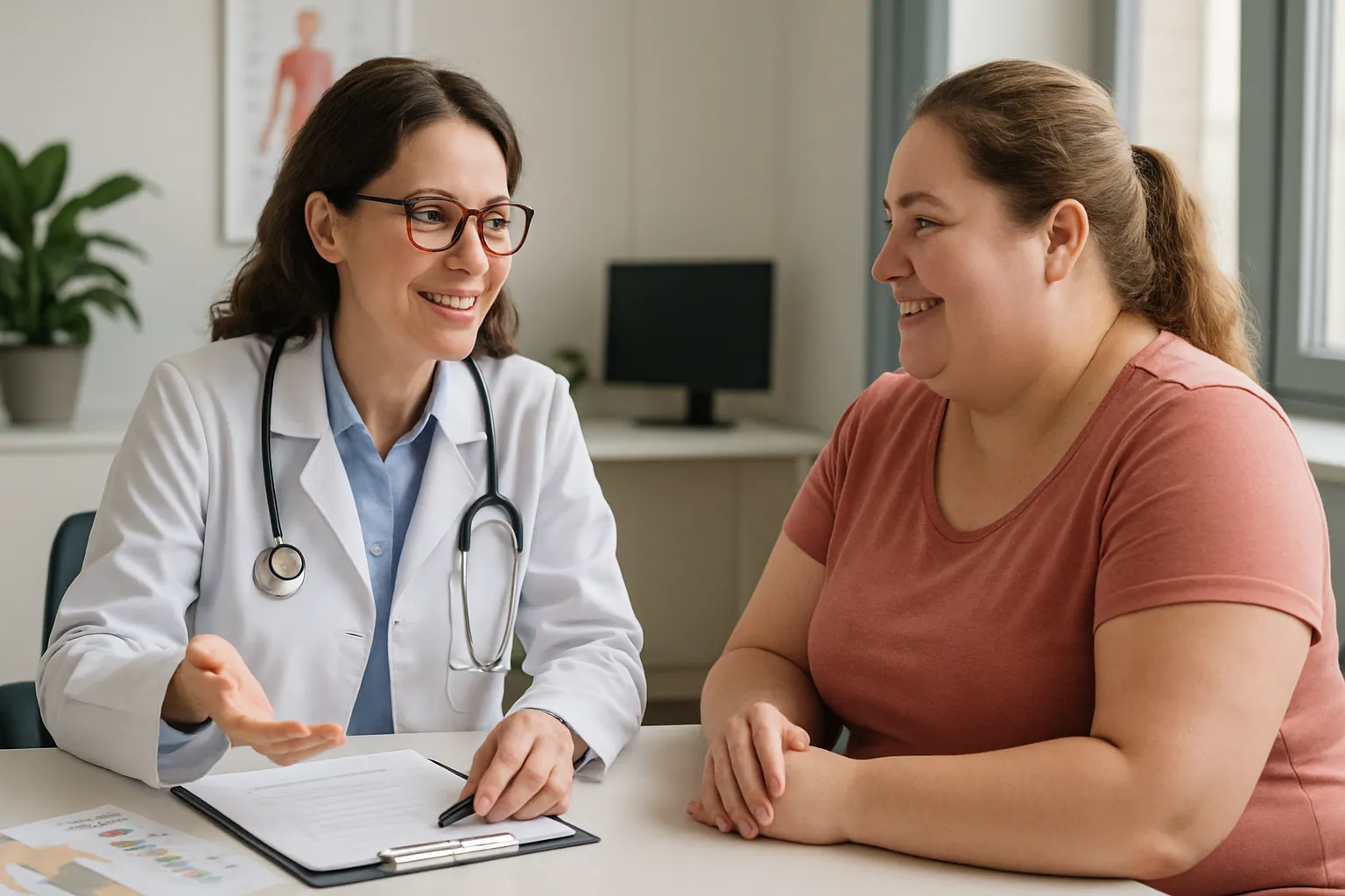 Médico especialista em emagrecimento conversando com paciente sobre estratégias saudáveis para perder peso, demonstrando cuidado e orientação profissional