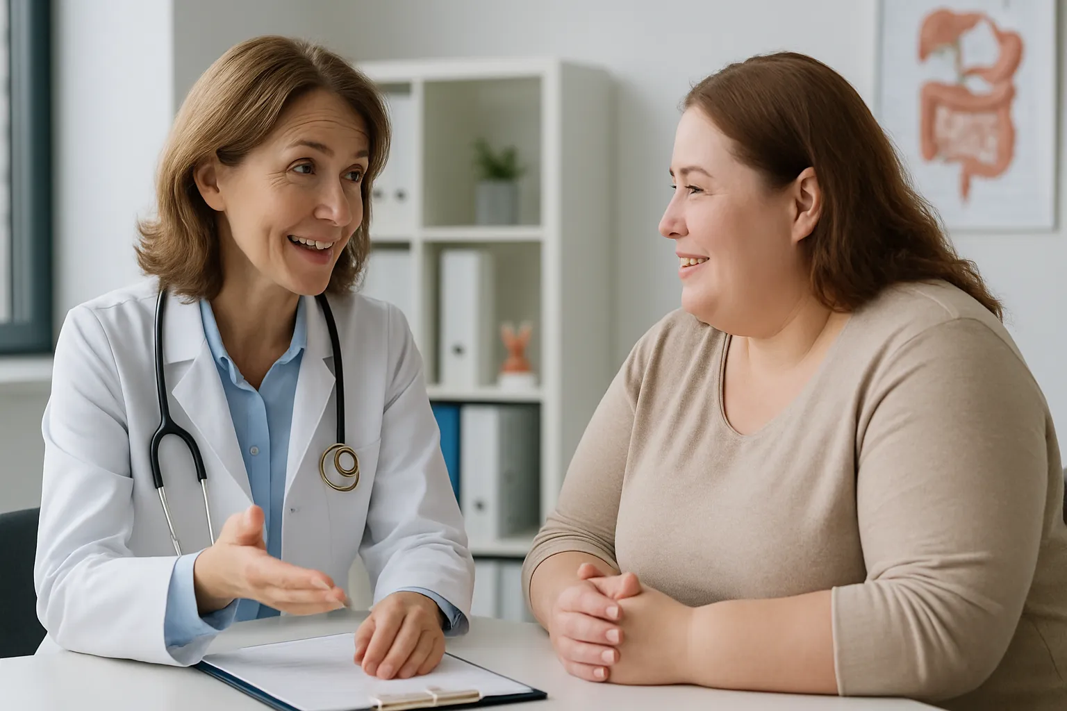 Médico endocrinologista conversando com paciente sobre opções de tratamento para emagrecimento em consulta especializada