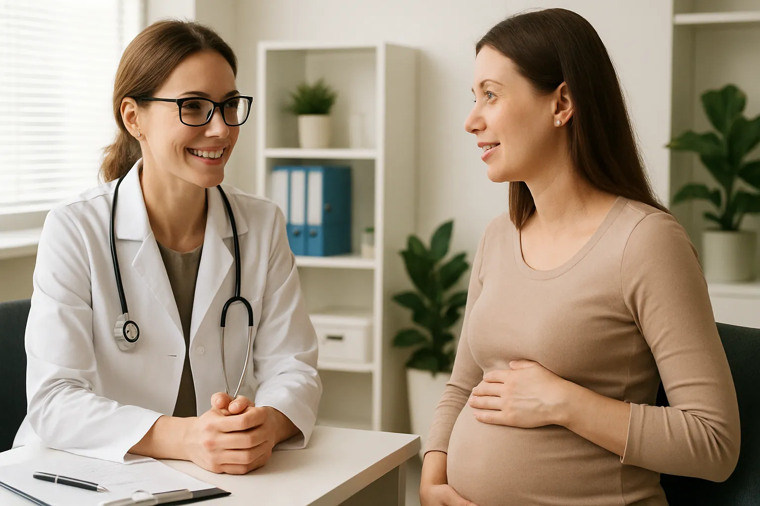 Médica ginecologista conversando com paciente durante consulta sobre sintomas de gravidez