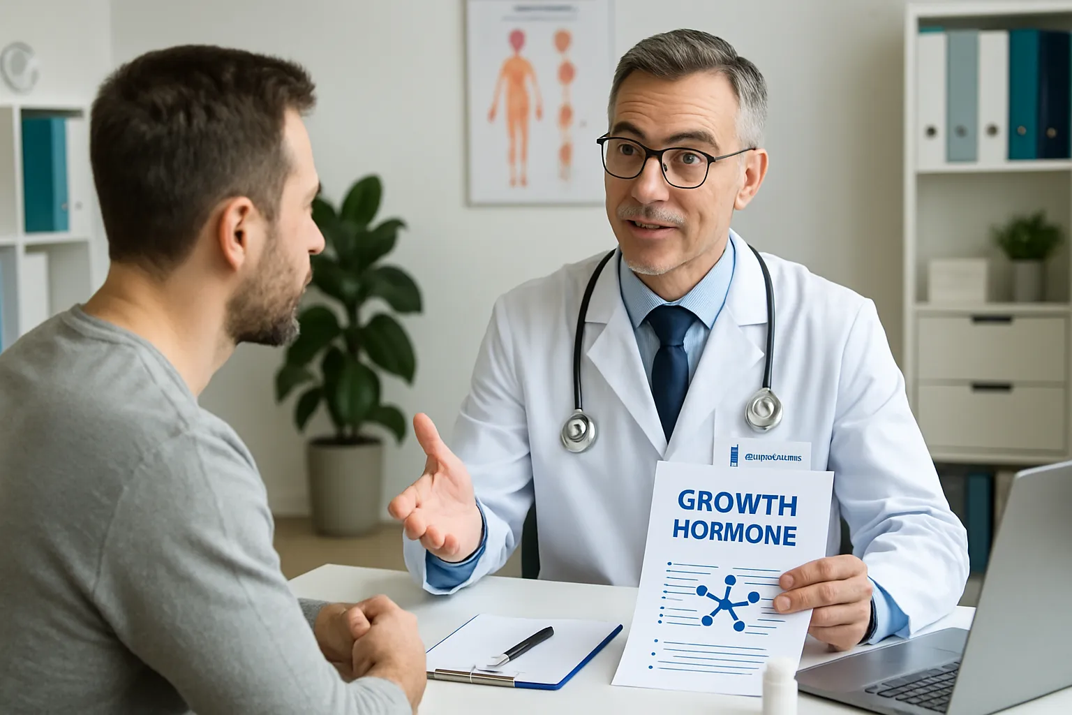 Médico especialista em endocrinologia consultando paciente sobre terapia hormonal, discussão profissional sobre GH e composição corporal