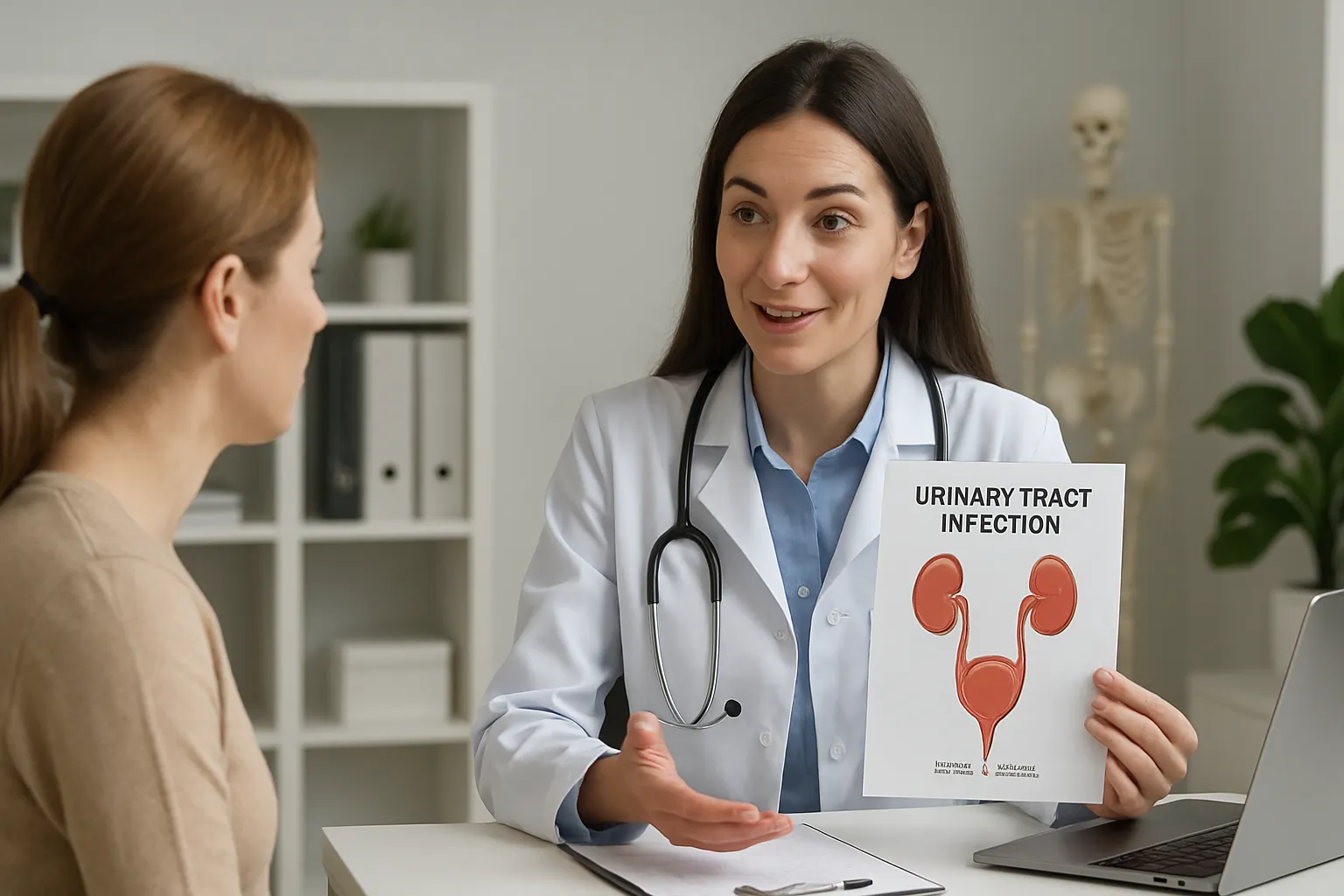 Médica especialista conversando com paciente sobre tratamento de infecção urinária em consultório moderno