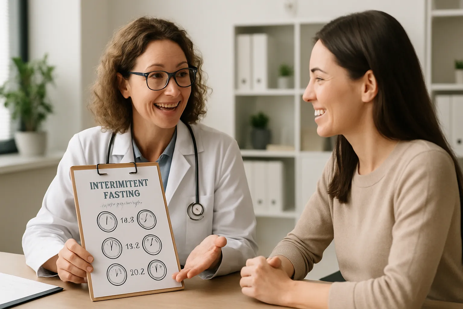 Médico conversando com paciente sobre protocolos de jejum intermitente em consulta personalizada