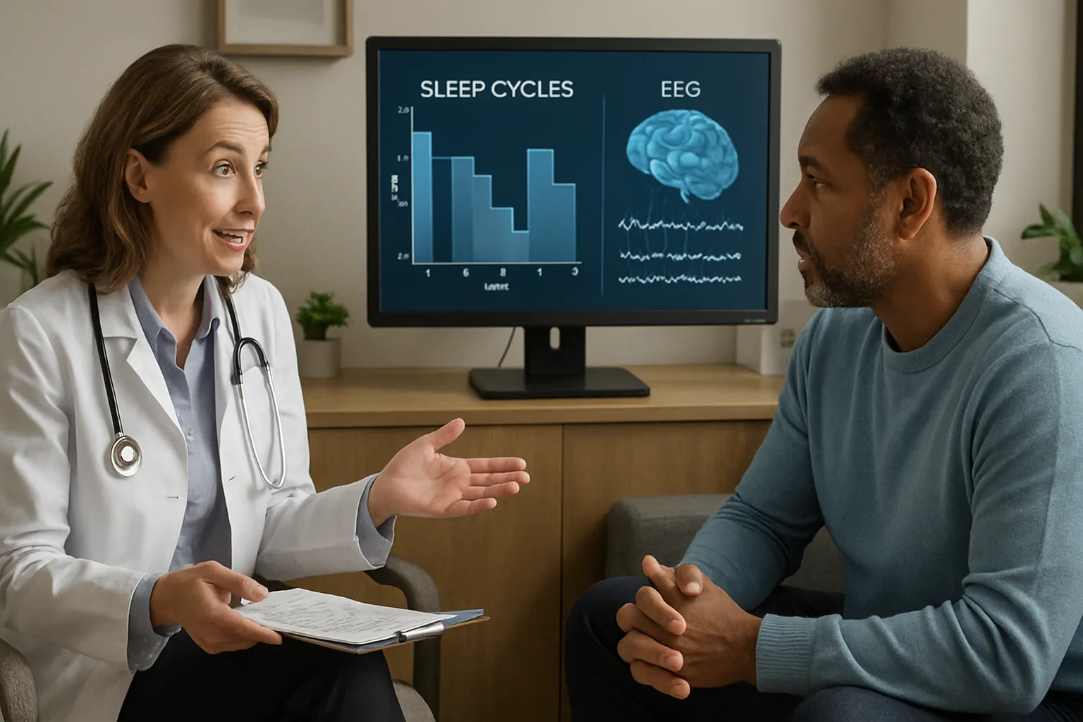 Médico especialista em sono conversando com paciente durante consulta, explicando estratégias para melhorar a qualidade do sono e aumentar energia diária