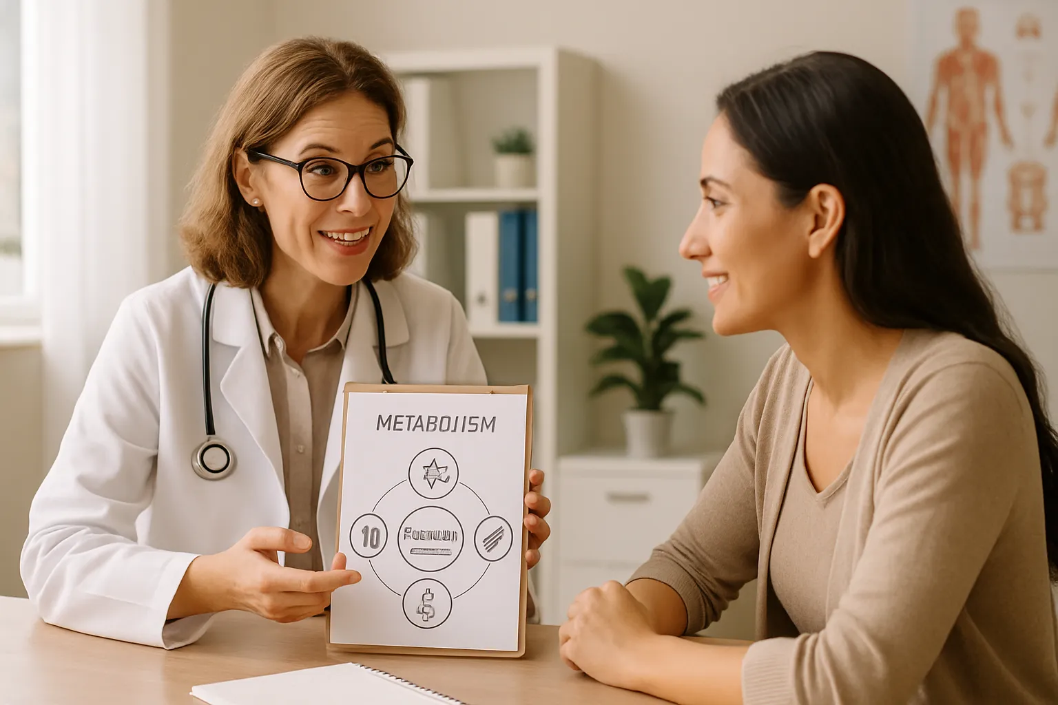Médico especialista conversando com paciente sobre metabolismo e estratégias de emagrecimento em consulta personalizada