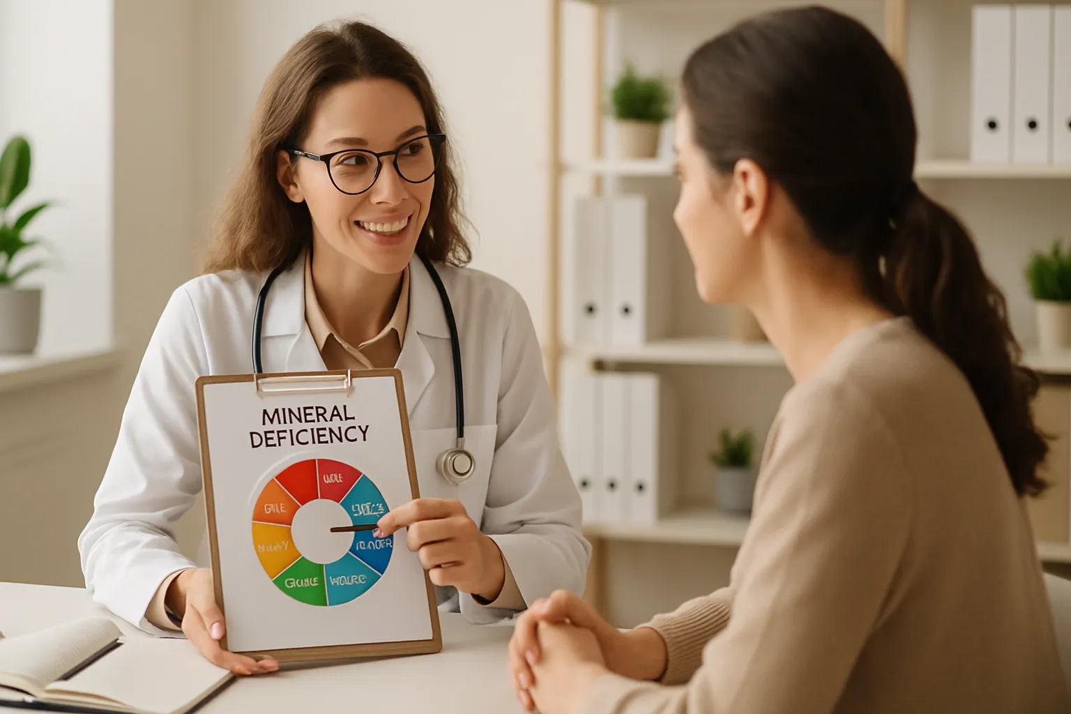 Médico nutricionista orientando paciente sobre importância dos minerais essenciais em consulta personalizada