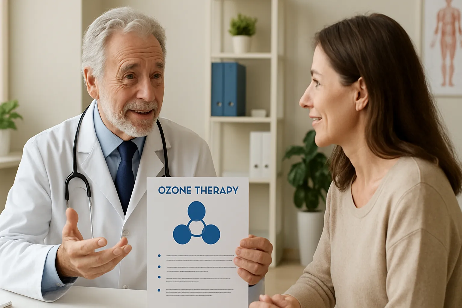 Médico especialista em ozonioterapia conversando com paciente durante consulta, demonstrando cuidado e expertise profissional