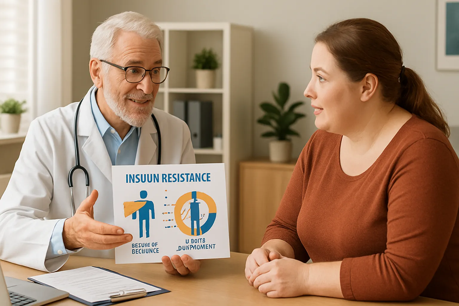 Médico endocrinologista conversando com paciente sobre resistência à insulina e metabolismo em consulta especializada