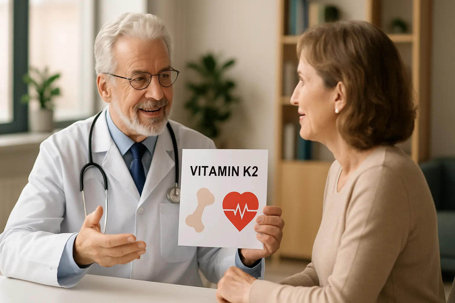 Médico especialista conversando com paciente sobre saúde óssea e cardiovascular em consulta personalizada