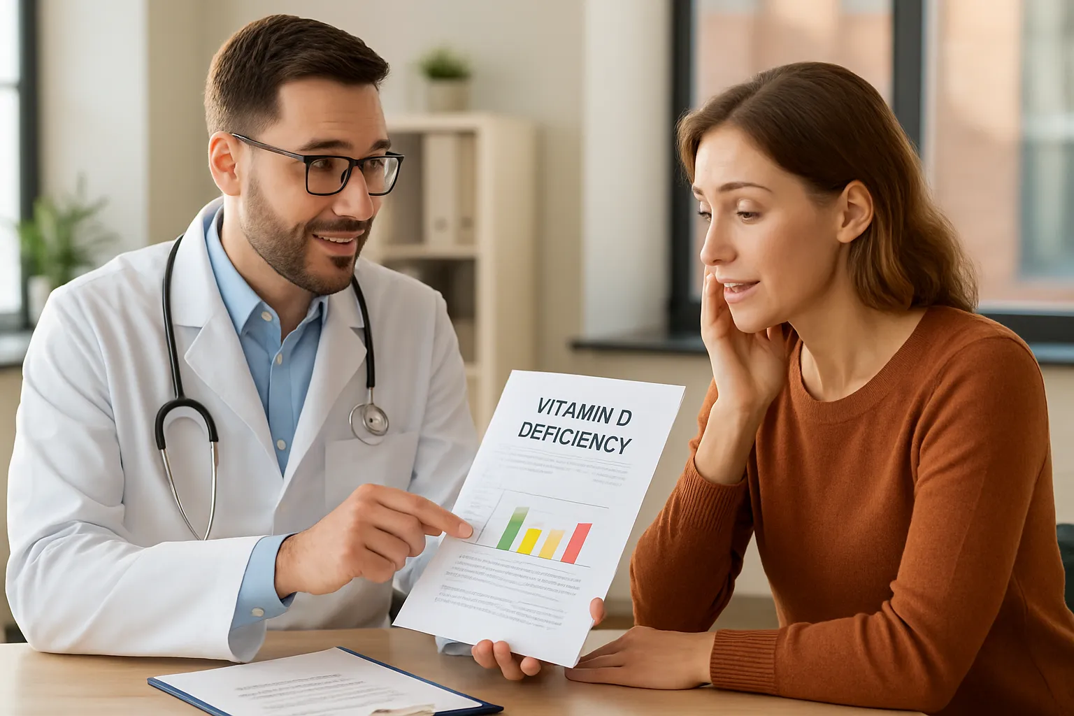 Médico conversando com paciente sobre resultados de exame de vitamina D em consulta médica